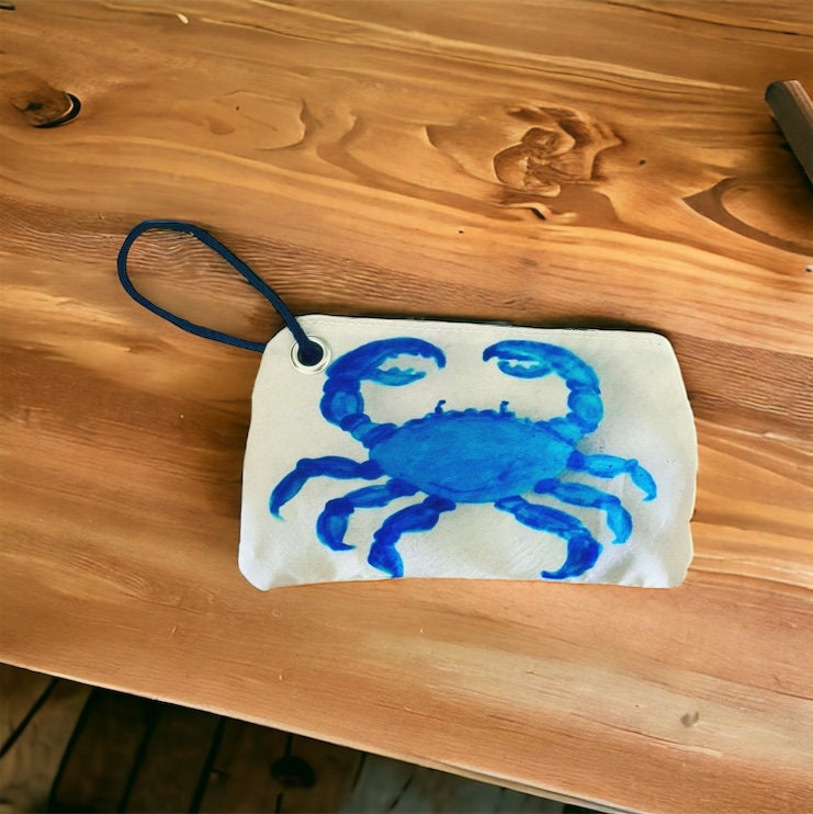 Recycled Sailcloth Tote: Blue Crab Art, Waterproof Lining
