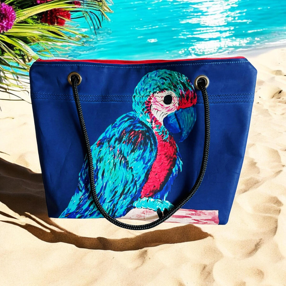 Recycled Sailcloth Parrot Art Tote Bag: Eco-Friendly Coastal Purse