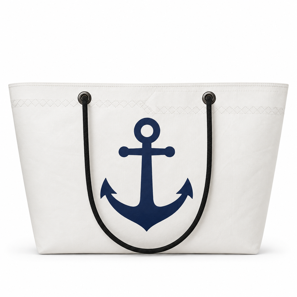 Extra-large recycled sailcloth tote with navy anchor artwork and rope handles