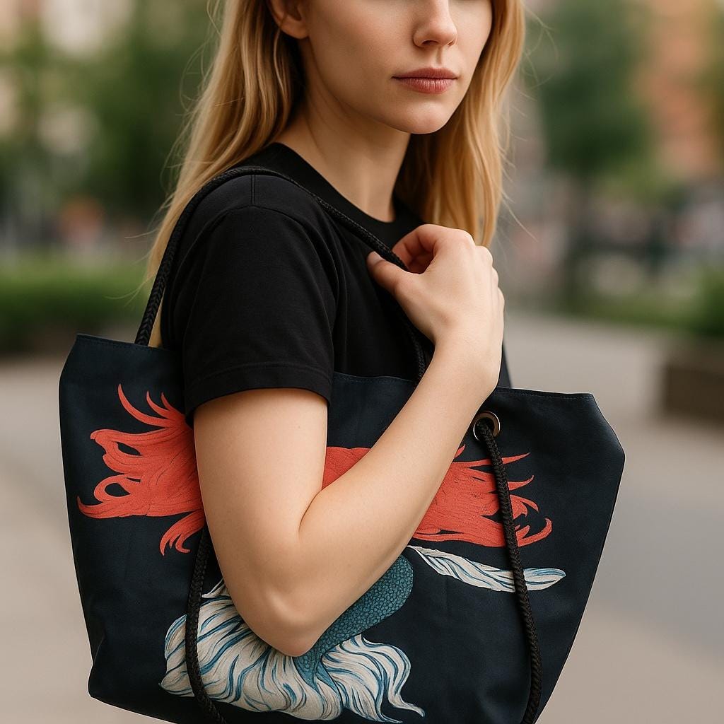 Recycled Sail Mermaid Art Tote Bag: Red Hair