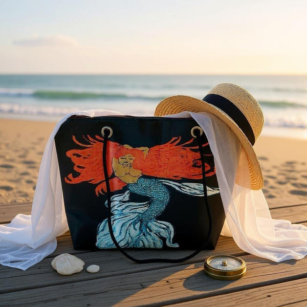 Recycled Sail Mermaid Art Tote Bag: Red Hair