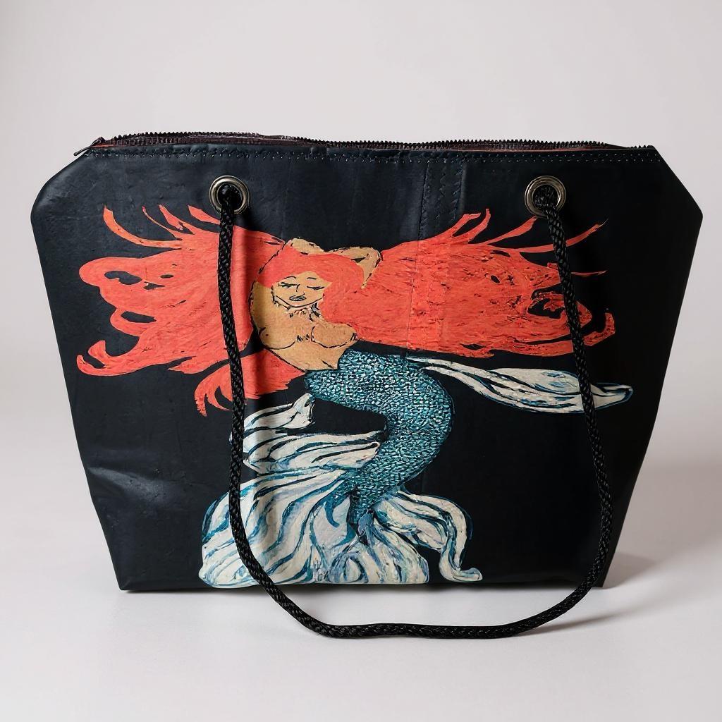 Recycled Sail Mermaid Art Tote Bag: Red Hair
