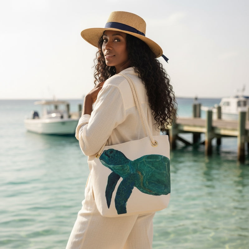Sea Turtle Recycled Sail Tote Bag (White Background)