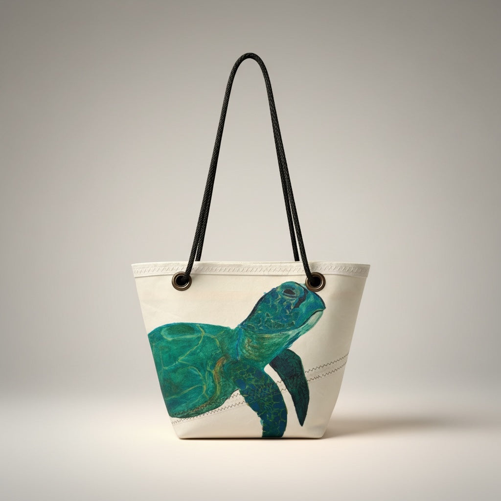Recycled Sail Tote Bag: Sea Turtle Art, Waterproof Lining
