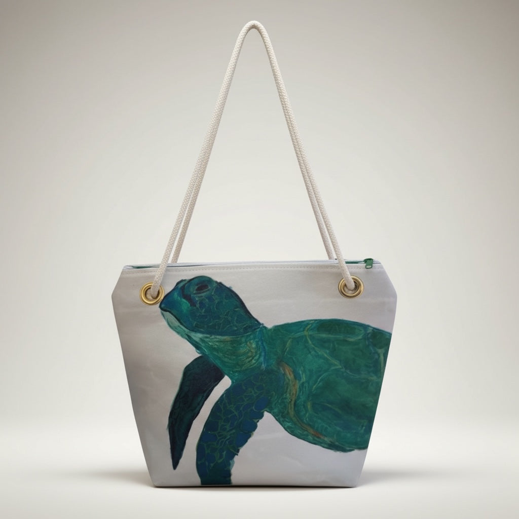 Recycled Sail Tote Bag: Sea Turtle Art, Waterproof Lining