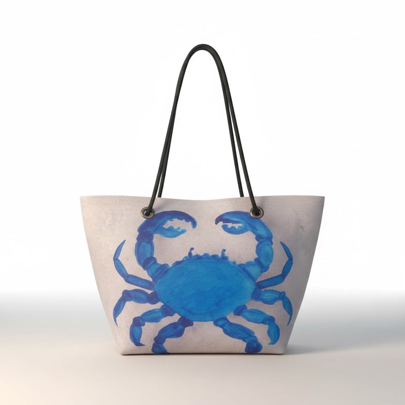 Recycled Sailcloth Tote: Blue Crab Art, Waterproof Lining