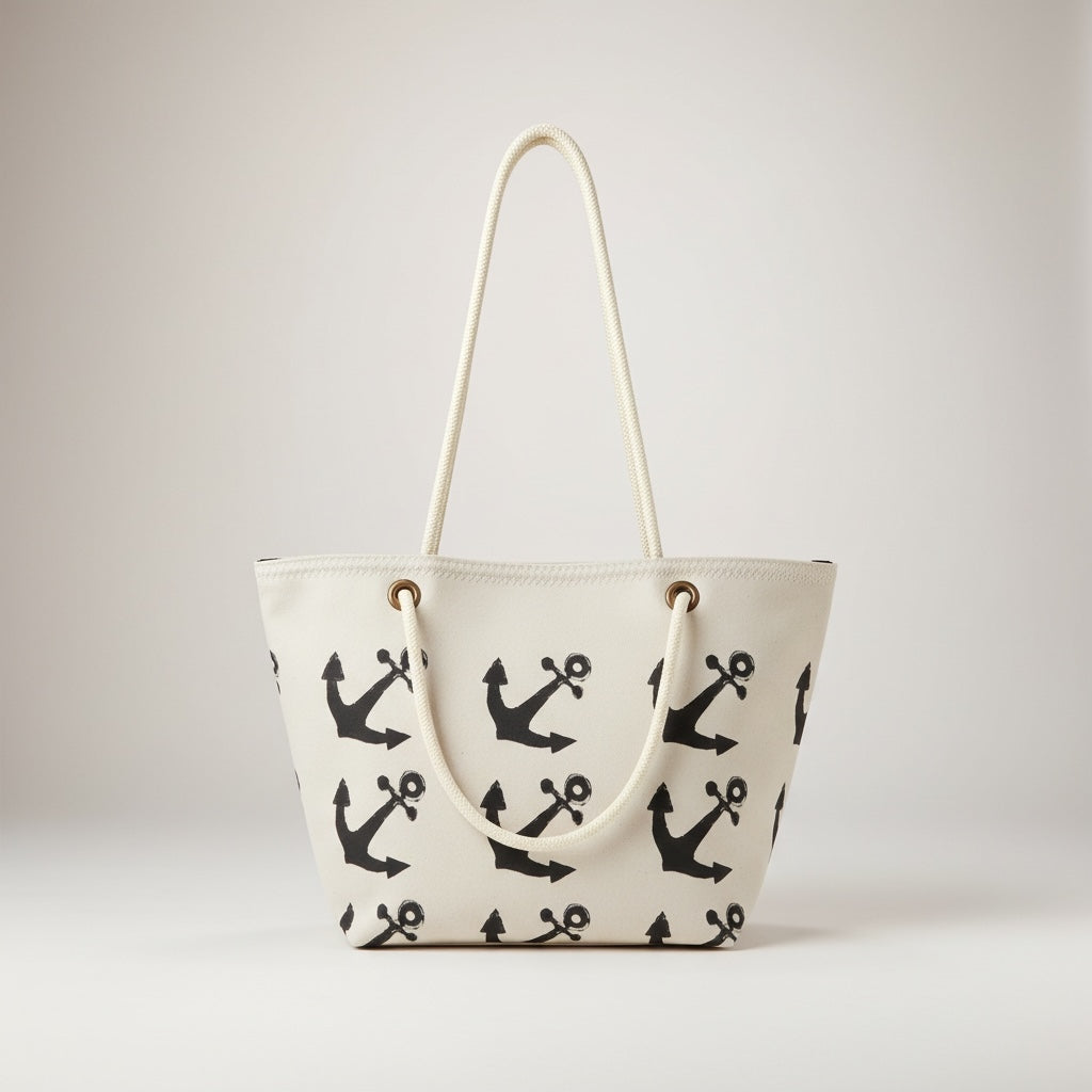 Recycled Sail Tote Bag: Nautical Anchor Design, Zipper Top