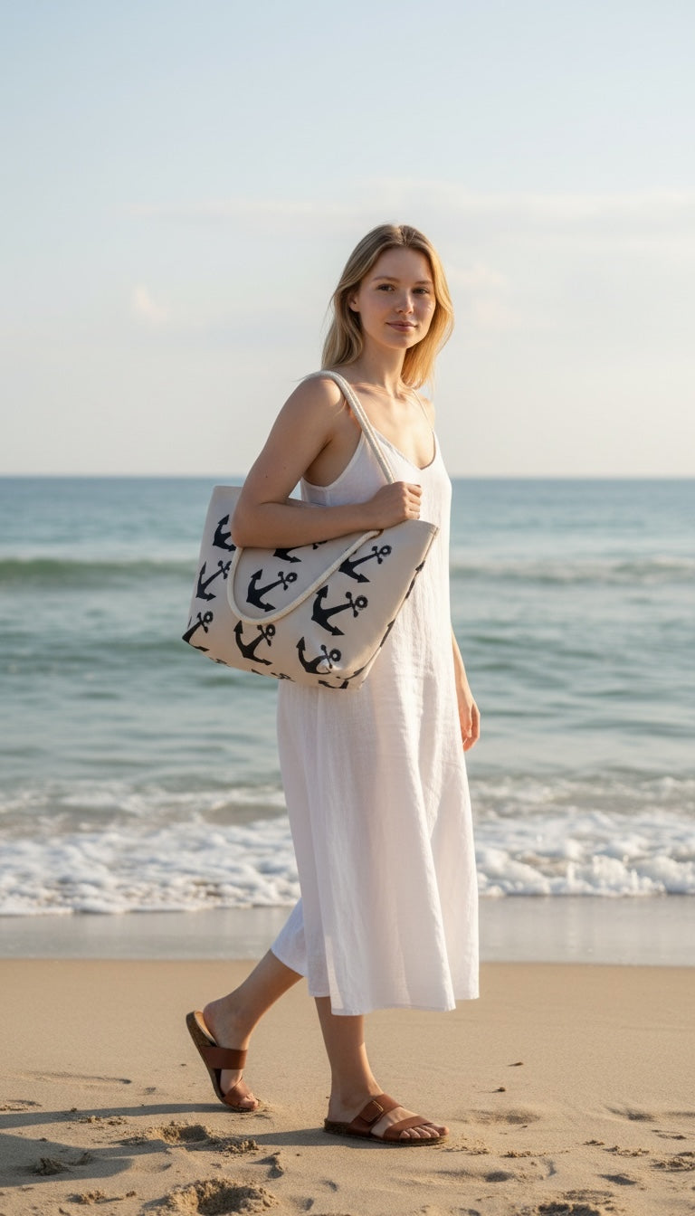 Recycled Sail Tote Bag: Nautical Anchor Design, Zipper Top
