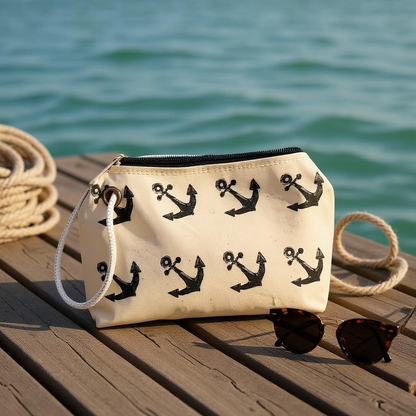 Recycled Sail Tote Bag: Nautical Anchor Design, Zipper Top