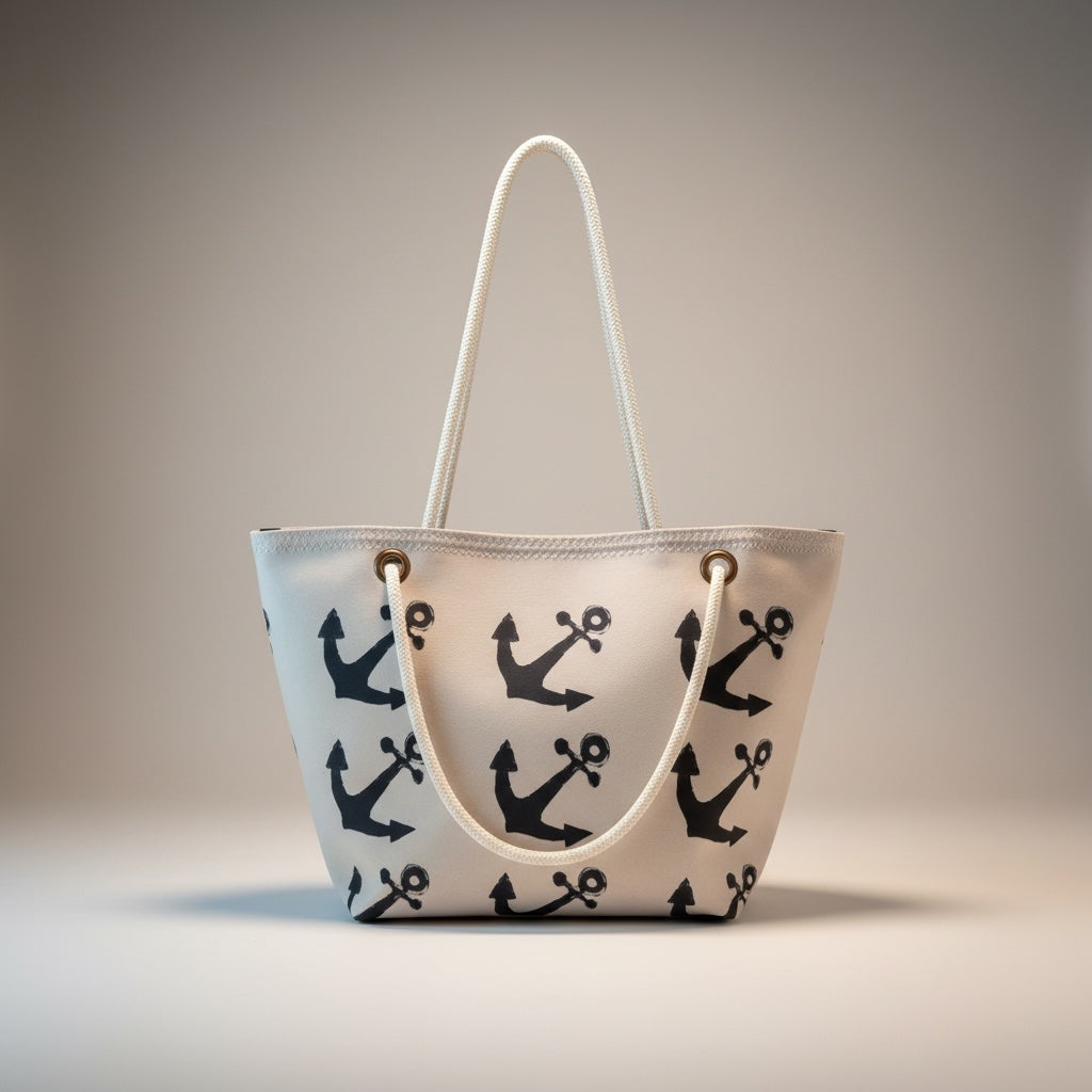 Recycled Sail Tote Bag: Nautical Anchor Design, Zipper Top