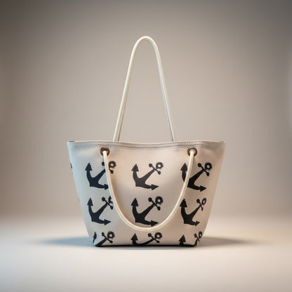 Recycled Sail Tote Bag: Nautical Anchor Design, Zipper Top