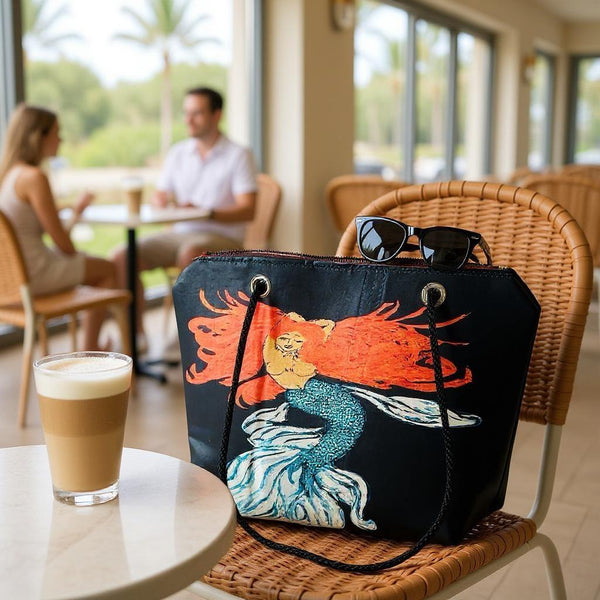 Recycled Sail Mermaid Art Tote Bag: Red Hair