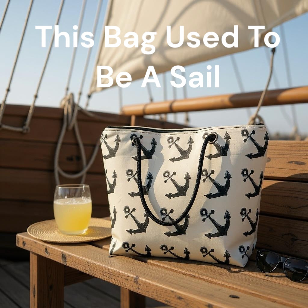 Recycled Sail Tote Bag: Nautical Anchor Design, Zipper Top