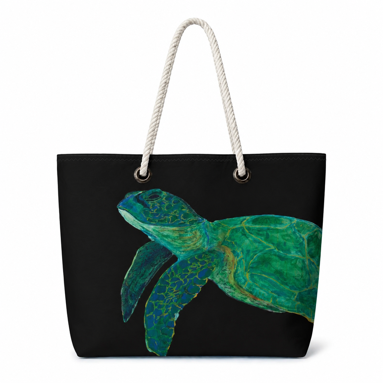 Black sea turtle large recycled sail tote handcrafted in Florida with original art