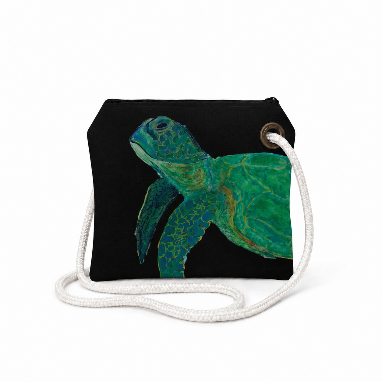 Black sea turtle recycled sail crossbody bag with original Florida coastal artwork