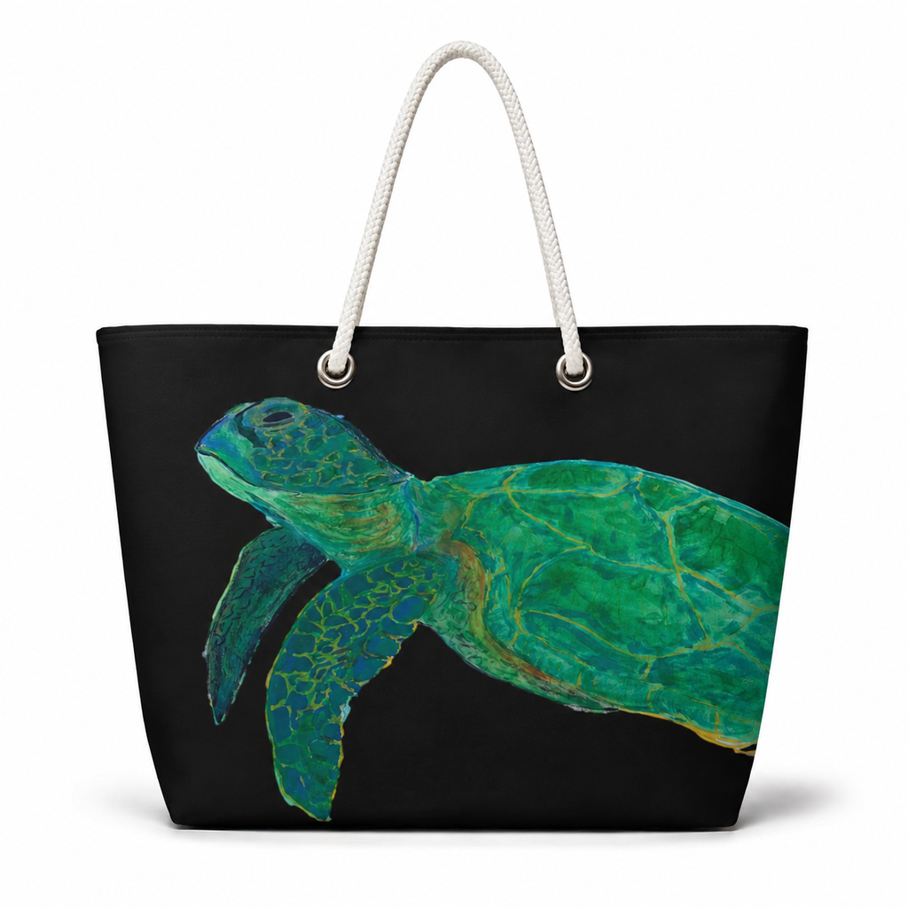 Black sea turtle XL recycled sail tote with original Florida EcoBags turtle artwork