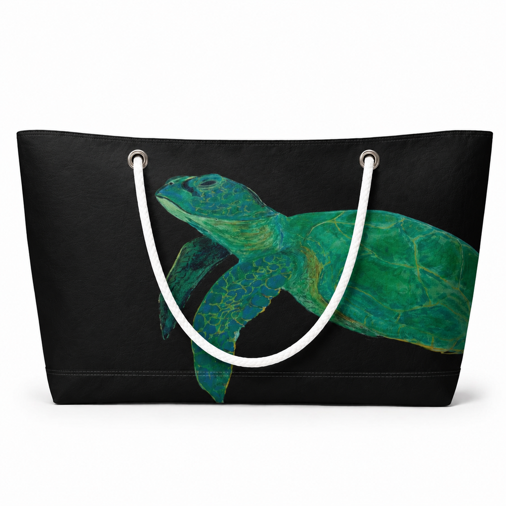 Black sea turtle XXL recycled sail tote with original Florida EcoBags coastal artwork
