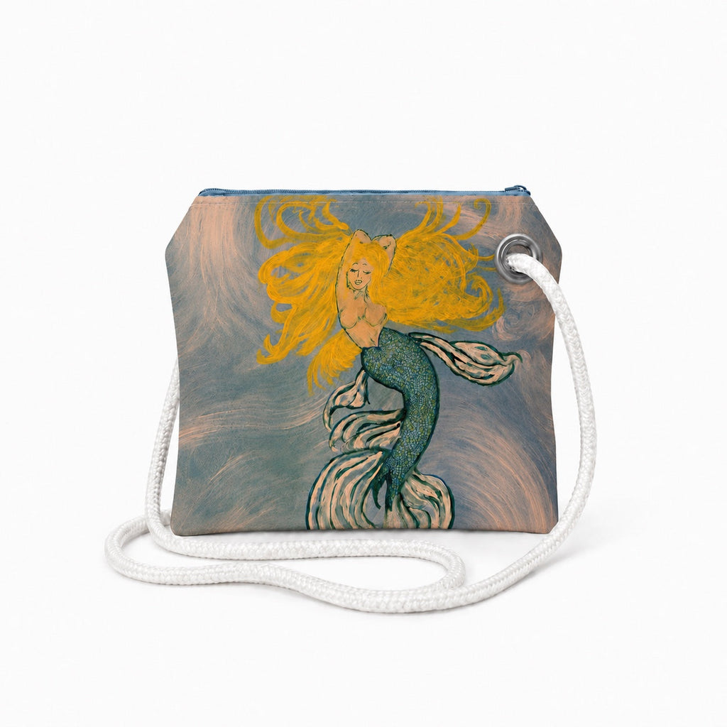 Blonde Mermaid crossbody recycled sail bag with zipper closure and white rope strap