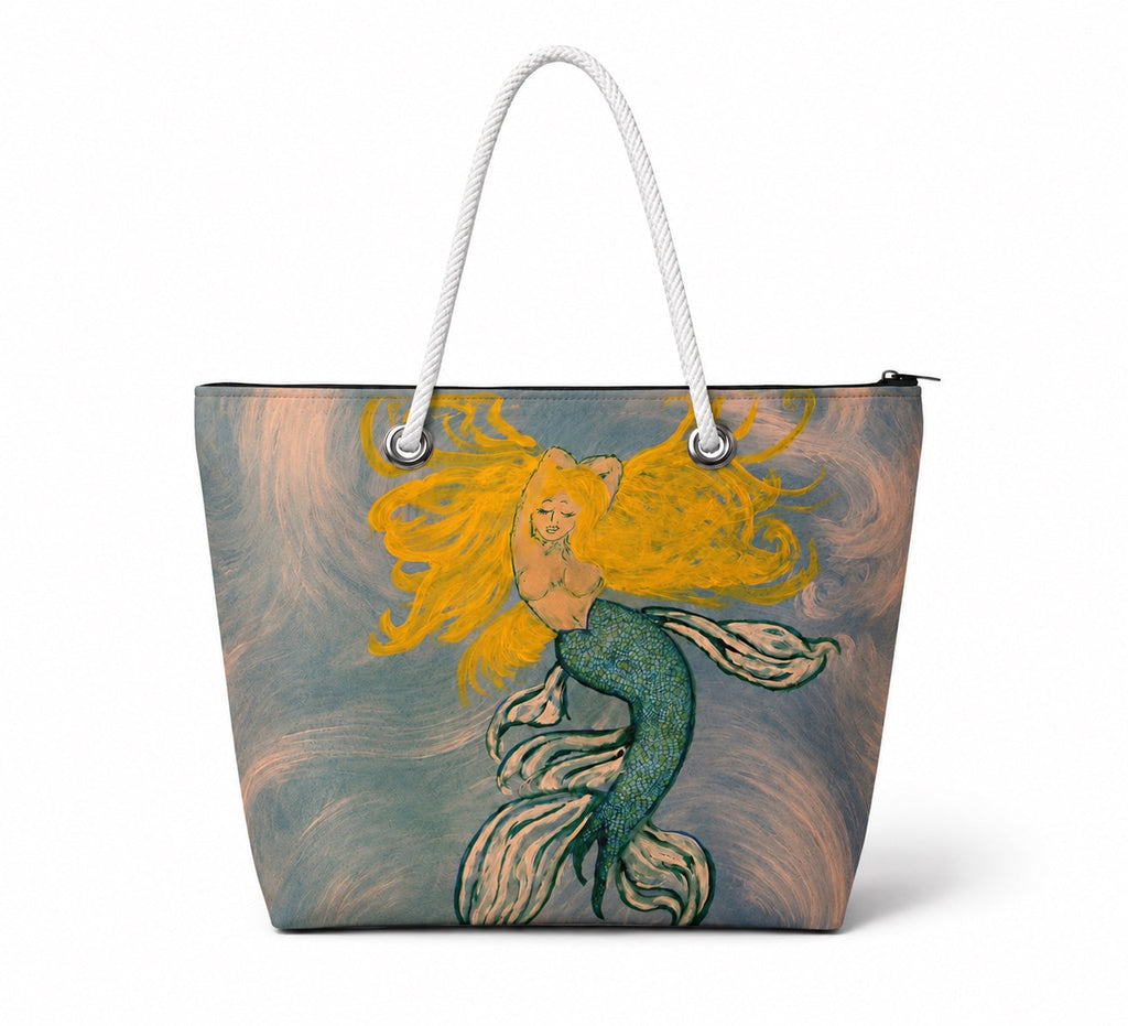 Blonde Mermaid medium recycled sail tote bag with zipper closure and white rope handles