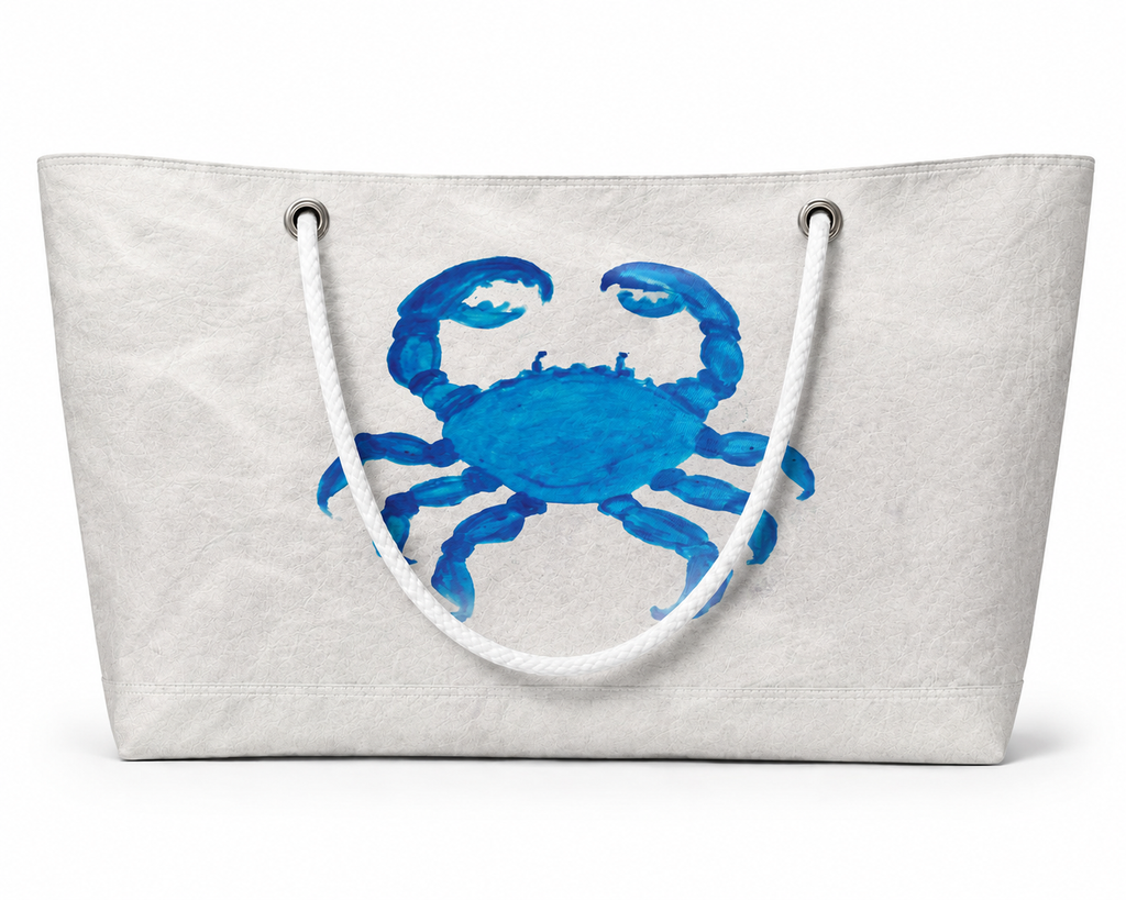 Blue Crab XXL recycled sail tote handcrafted in Florida with original coastal artwork