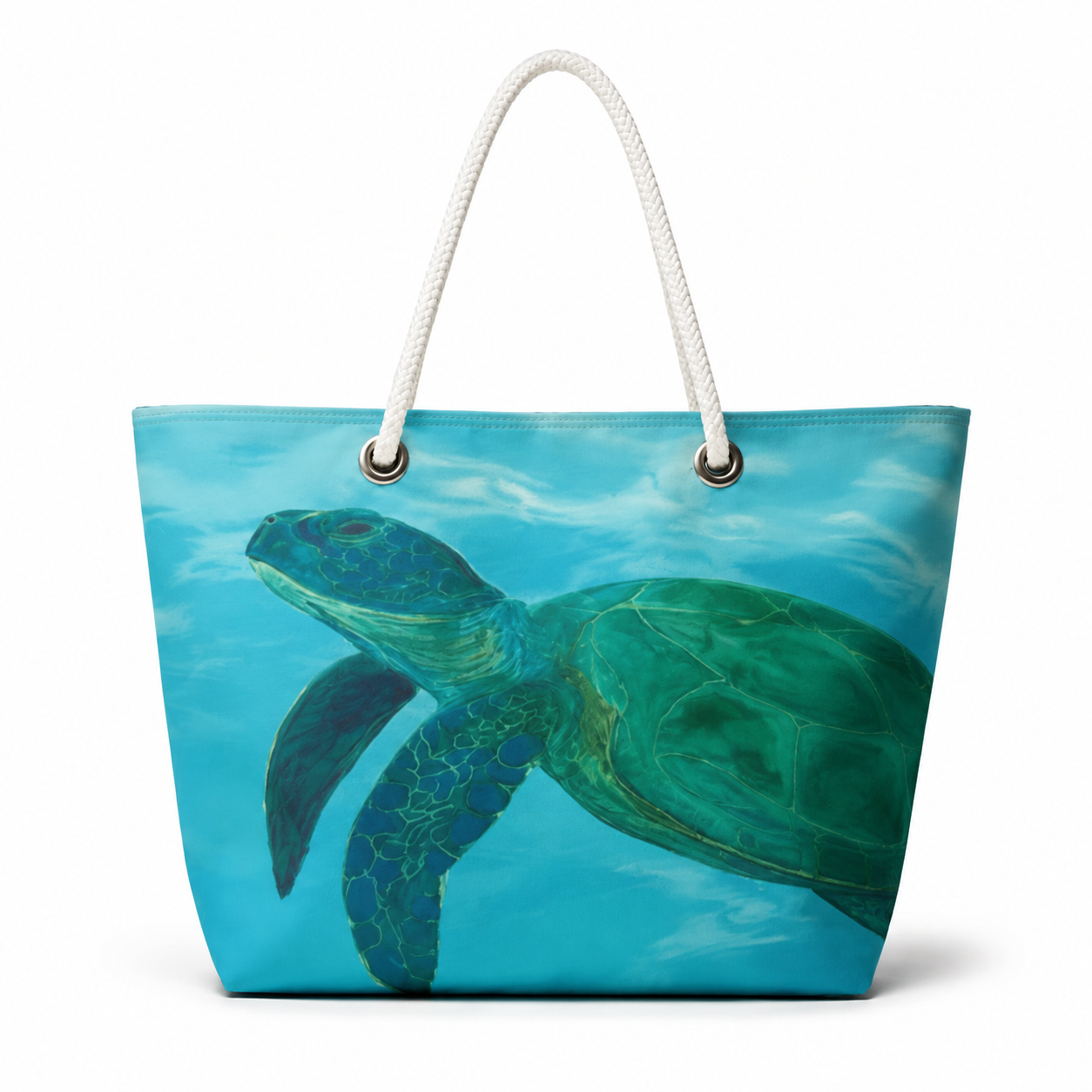 Blue sea turtle large recycled sail tote handcrafted in Florida with original coastal artwork