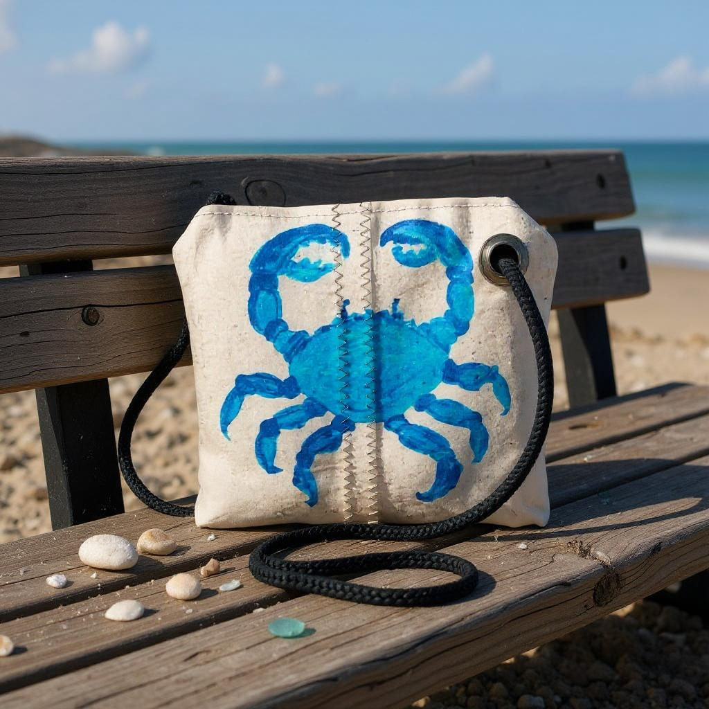 Recycled Sailcloth Tote: Blue Crab Art, Waterproof Lining