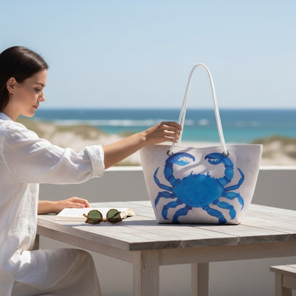 Recycled Sailcloth Tote: Blue Crab Art, Waterproof Lining