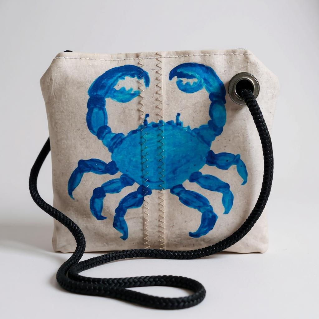 Recycled Sailcloth Tote: Blue Crab Art, Waterproof Lining