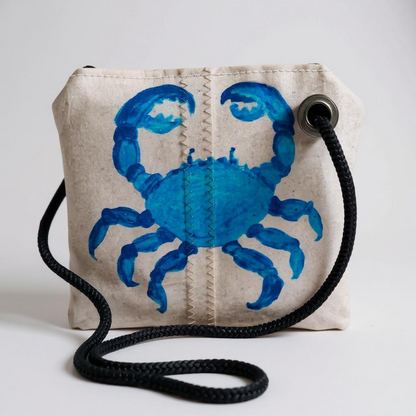 Recycled Sailcloth Tote: Blue Crab Art, Waterproof Lining