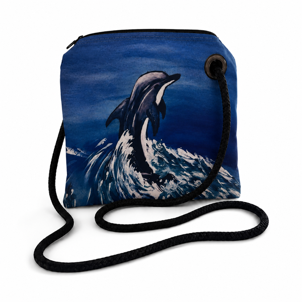 Dolphin recycled sail crossbody bag with original Florida coastal artwork