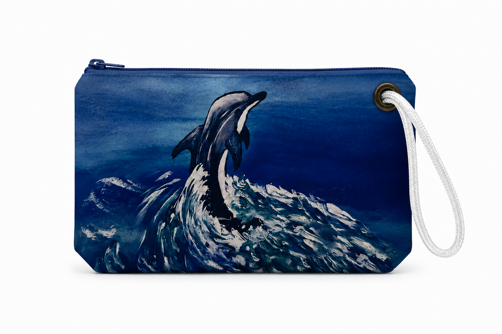 Dolphin recycled sail wristlet with original Florida EcoBags coastal artwork