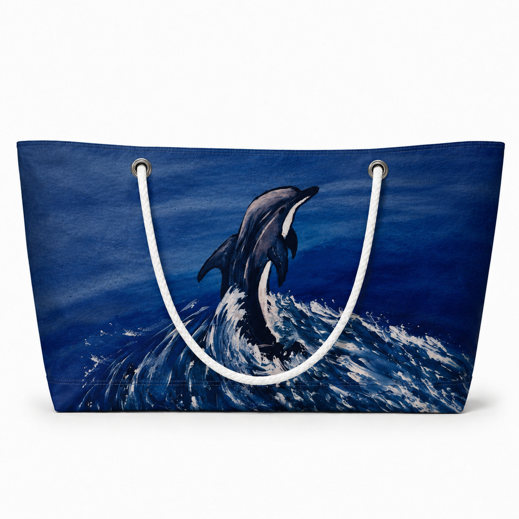 Dolphin XXL recycled sail tote handcrafted in Florida with original coastal artwork