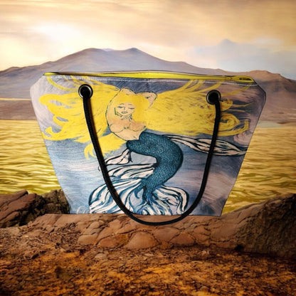 Recycled Sail Mermaid Art Tote Bag: Red or Blonde Hair