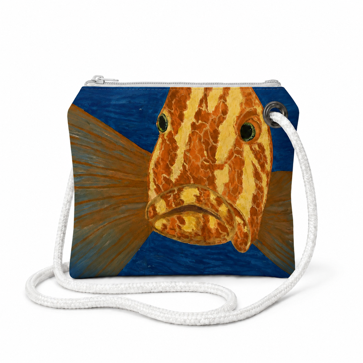 Grouper recycled sail bag crossbody with zipper and white rope strap