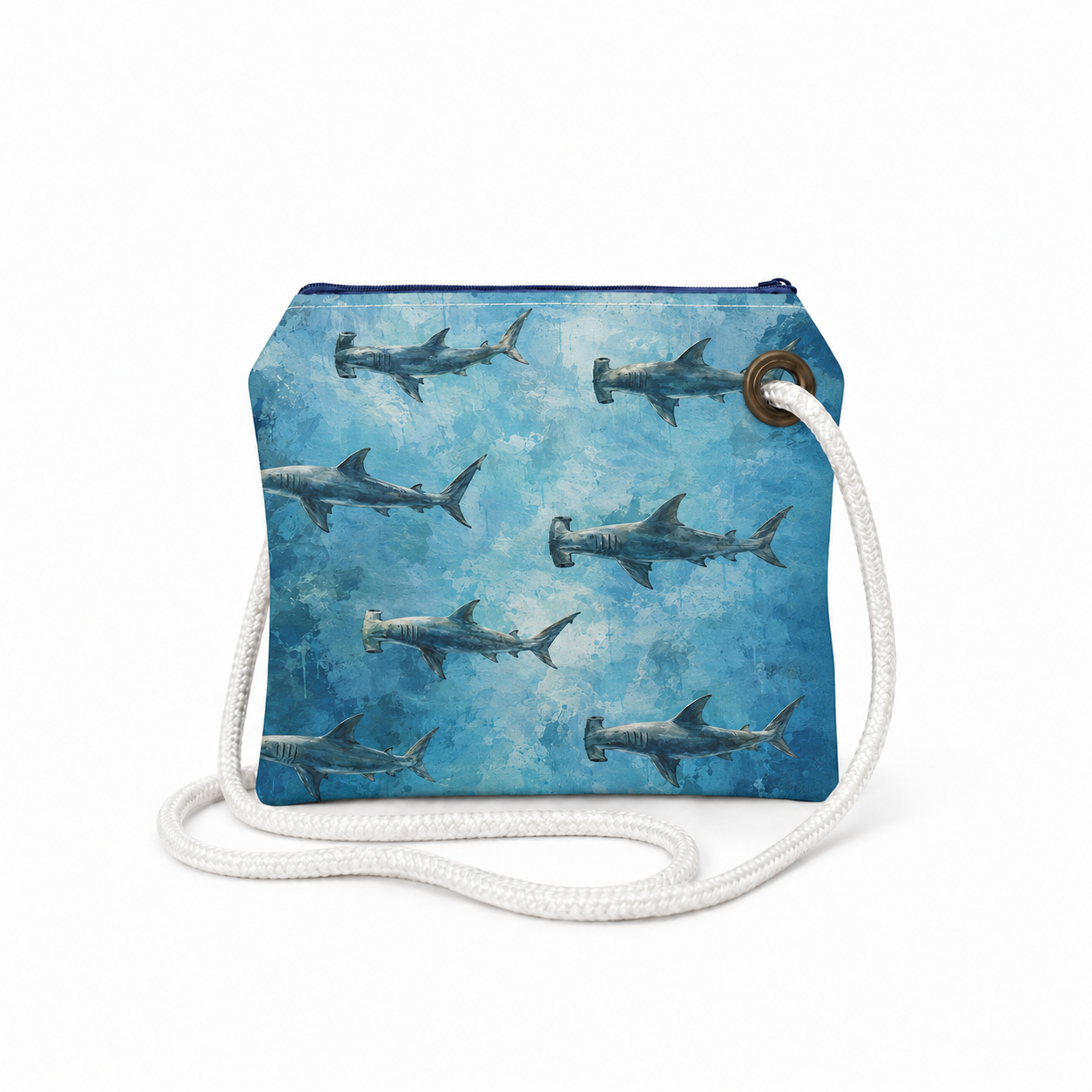 Hammerhead Blue recycled sail crossbody with original hammerhead shark artwork