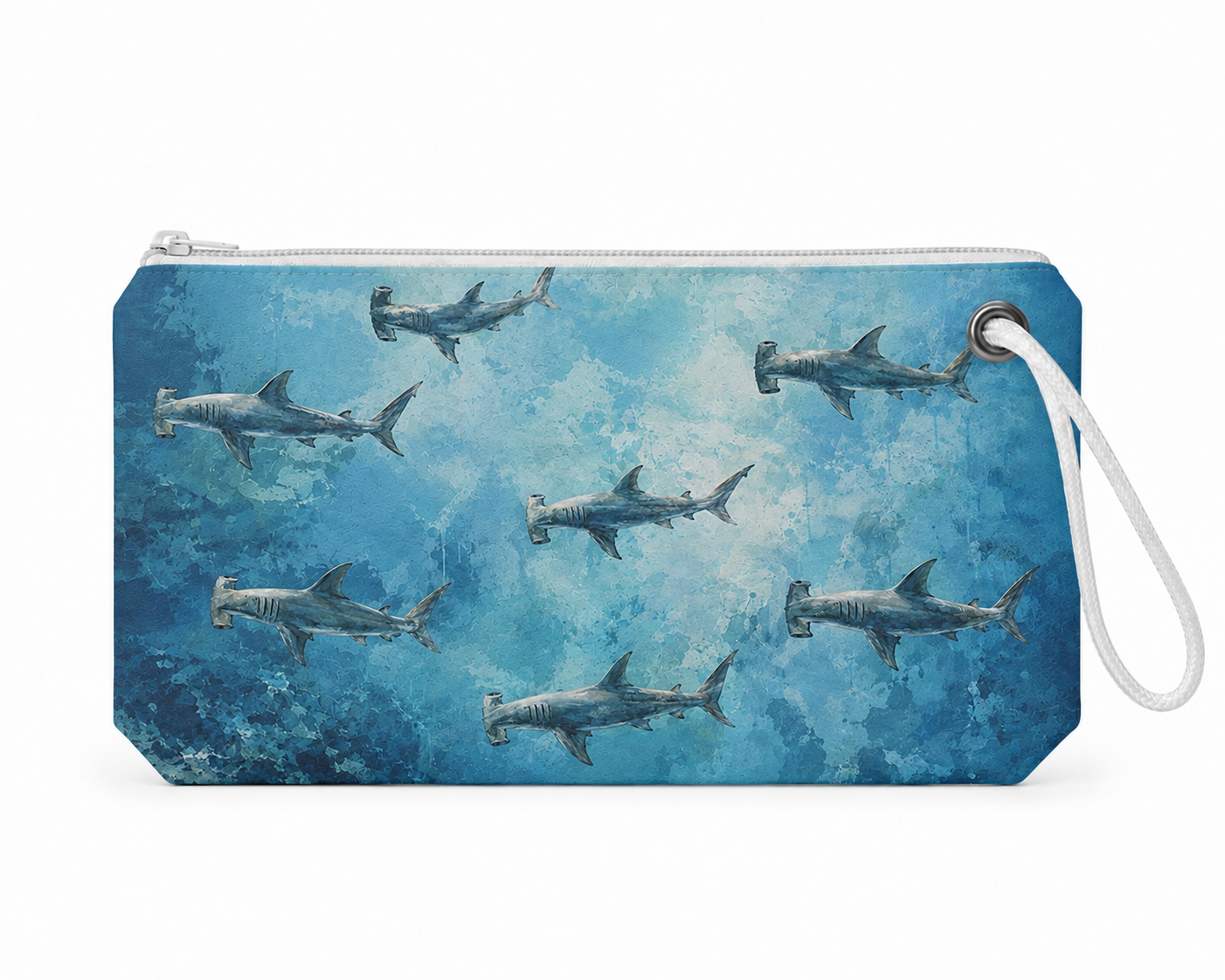 Hammerhead Blue recycled sail wristlet with original hammerhead shark artwork