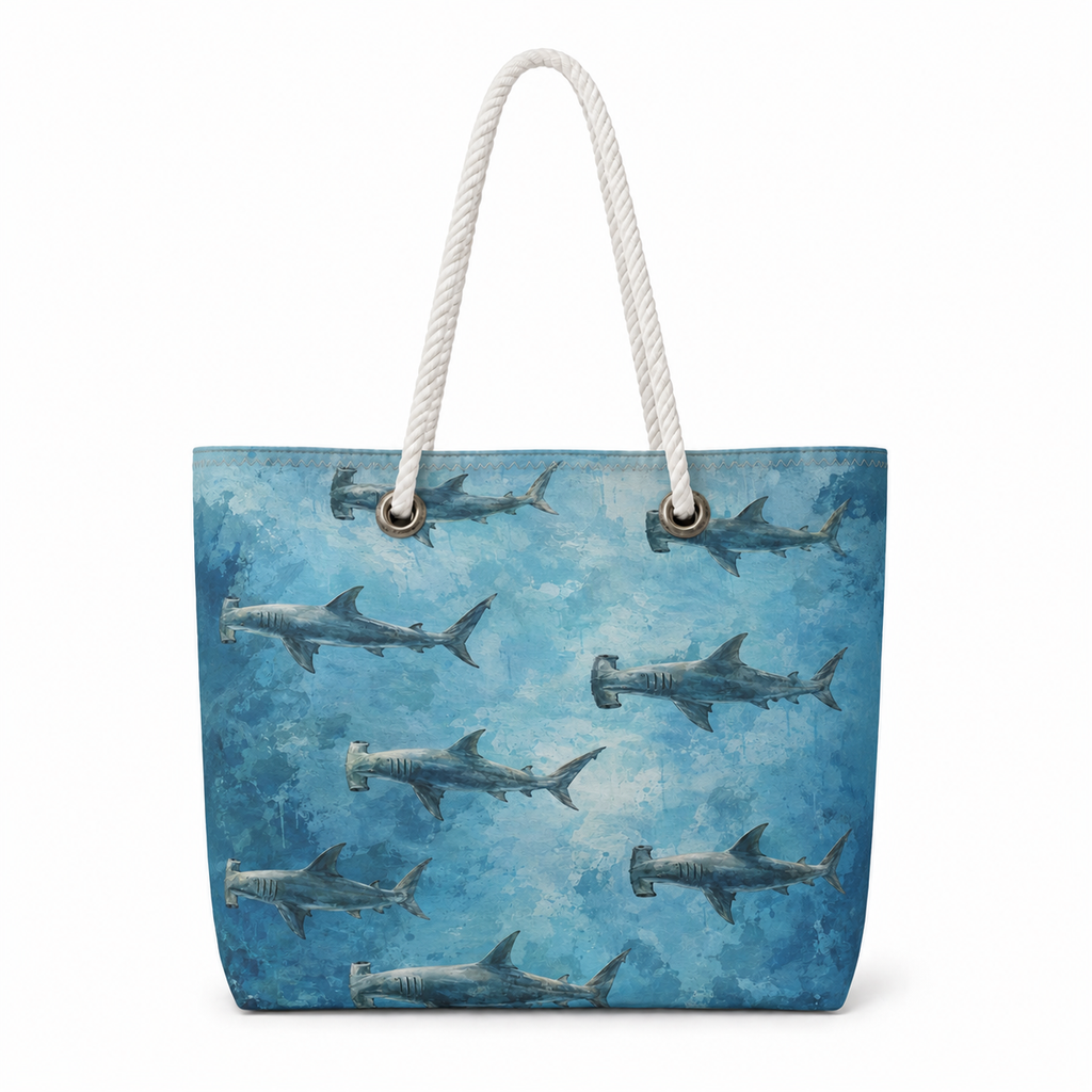 Hammerhead Blue XL recycled sail tote with original hammerhead shark artwork