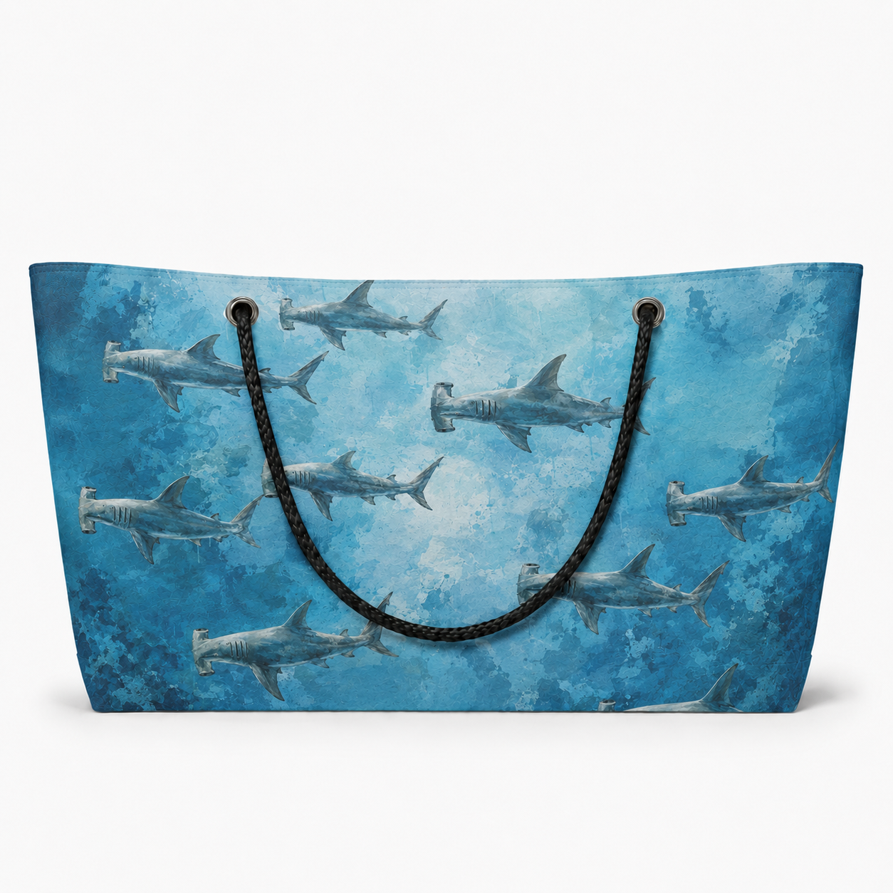 Hammerhead Blue XXL recycled sail tote with original hammerhead shark artwork