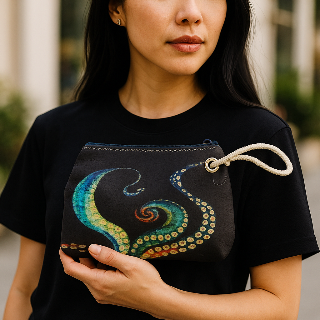 Recycled Sailcloth Octopus Tentacles Art Tote Bag: Crossbody or Wristlet