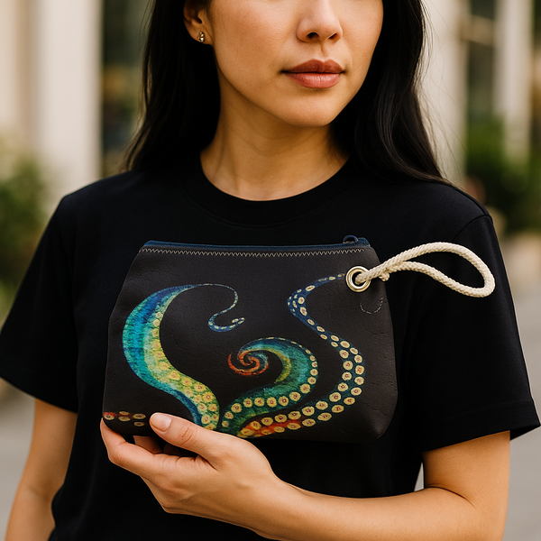 Recycled Sailcloth Octopus Tentacles Art Tote Bag: Crossbody or Wristlet
