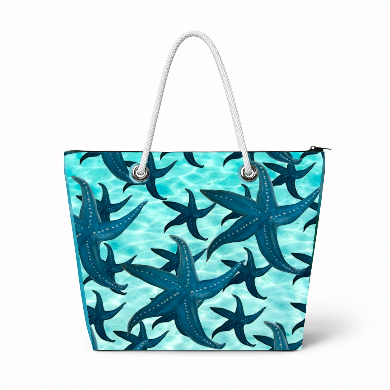 Lots of Starfish medium recycled sail tote bag with zipper and white rope handles