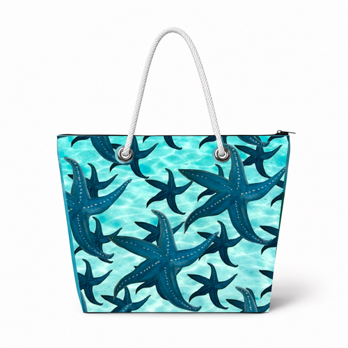 Lots of Starfish medium recycled sail tote bag with zipper and white rope handles