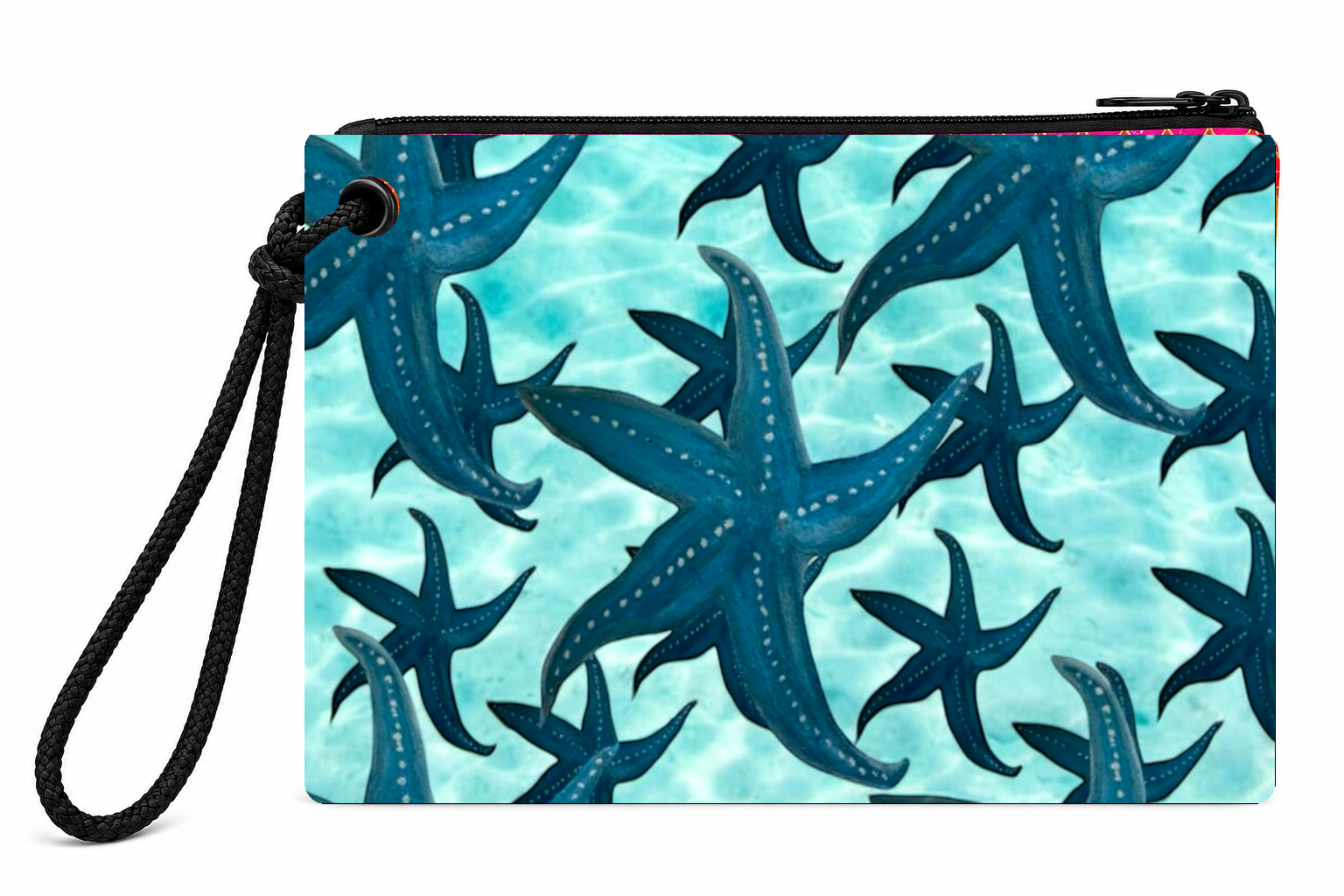 Lots of Starfish wristlet recycled sail bag with zipper and black wrist loop