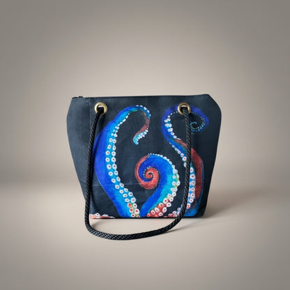 Recycled Sailcloth Octopus Tentacles Art Tote Bag: Crossbody or Wristlet