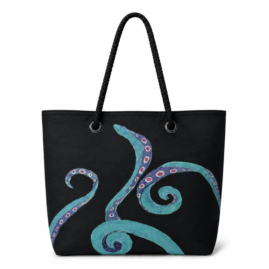 Octavia large tote back with original octopus artwork on recycled sailcloth