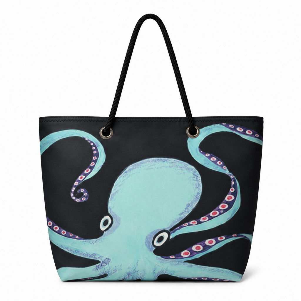 Octavia large tote front with original octopus artwork on recycled sailcloth