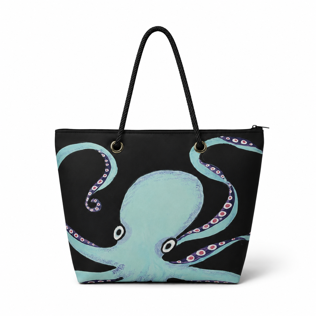 Octavia medium tote front with zipper and original octopus artwork on recycled sailcloth
