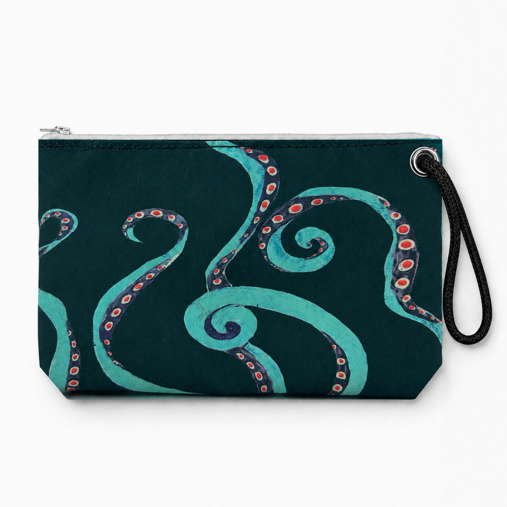 Octavia wristlet back with original octopus artwork on recycled sailcloth