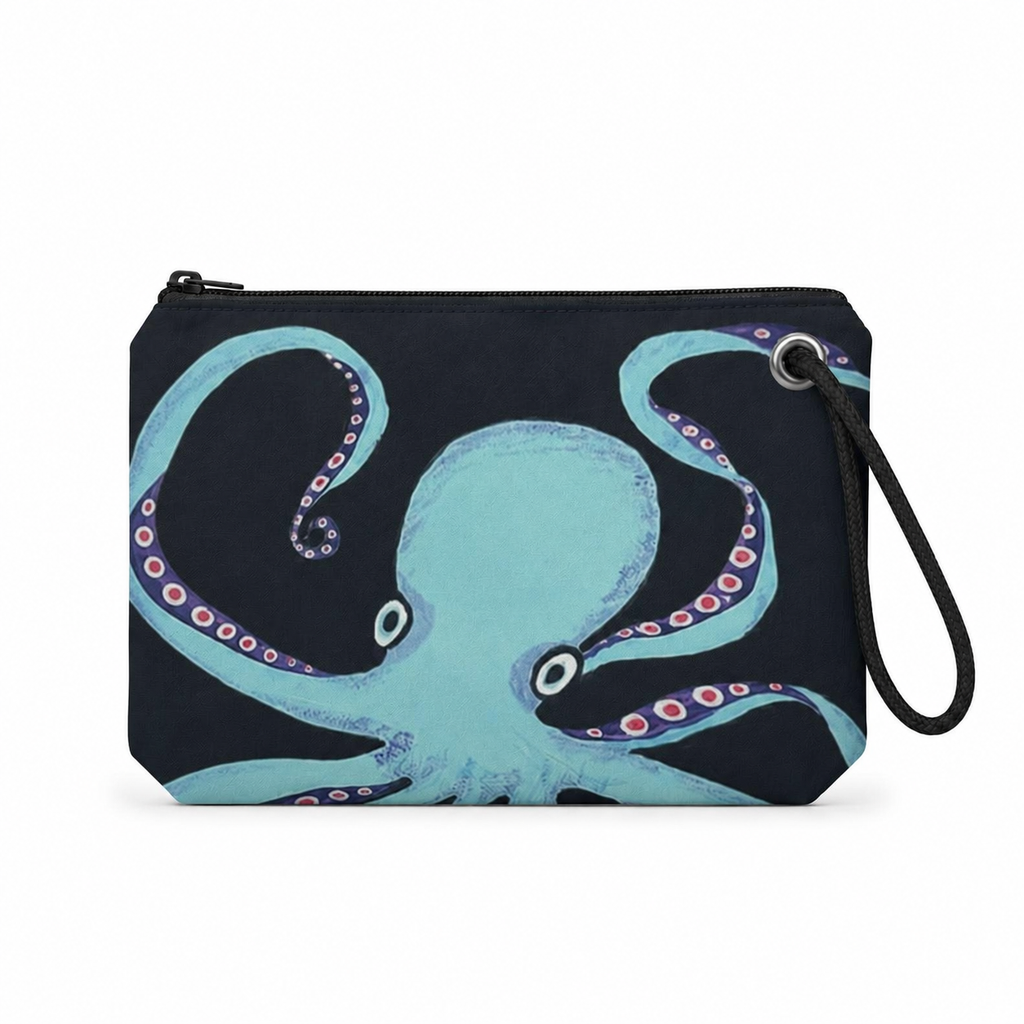 Octavia wristlet front with original octopus artwork on recycled sailcloth