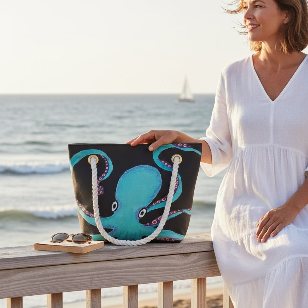 Recycled Sailcloth Octopus Tote Bag: Original Nautical Art